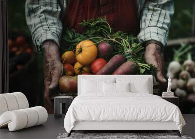  the hands of an unrecognizable farmer holding a box with organic vegetables and fruits Wall mural